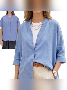Weekend Maxmara 💯 Linen Periwinkle Blue Blouse Shirt Oversized L Short Sleeves